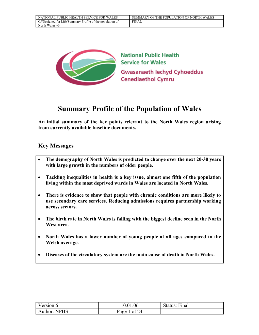 Summary Profile of the Population of Wales