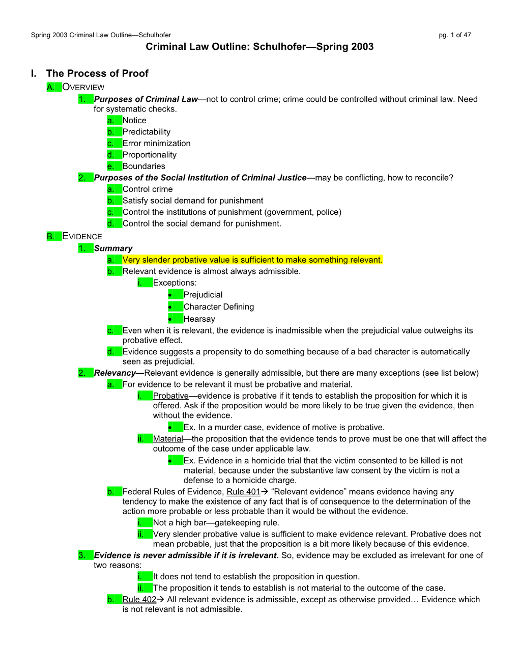 Criminal Law Outline: Schulhofer Spring 2003