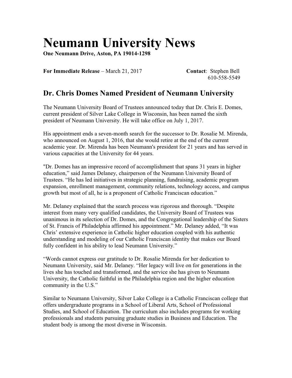 Neumann College News