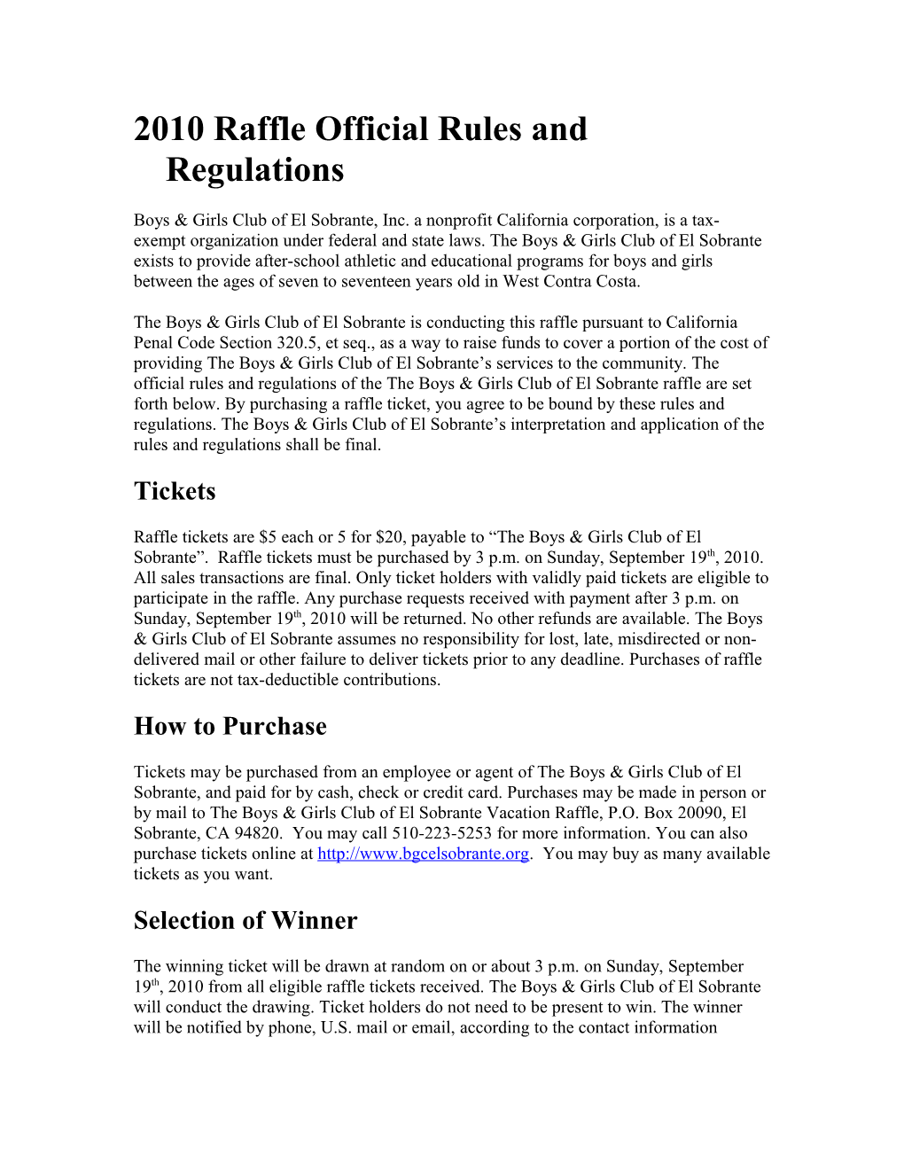 2008 Raffle Official Rules and Regulations