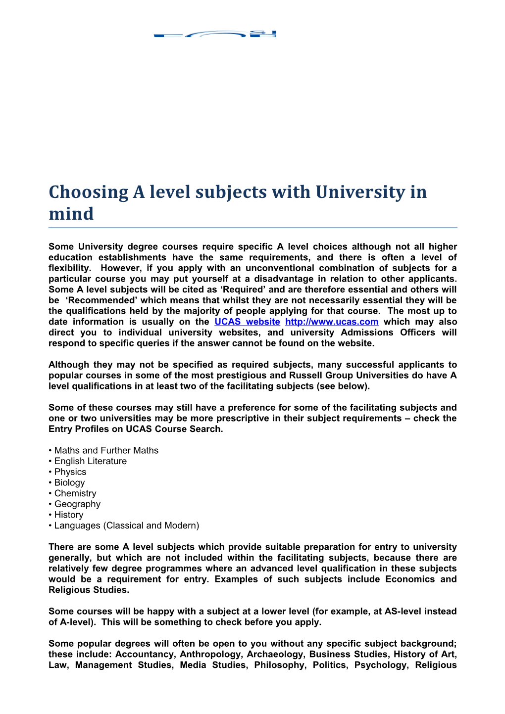 Choosing a Levelsubjects with University in Mind