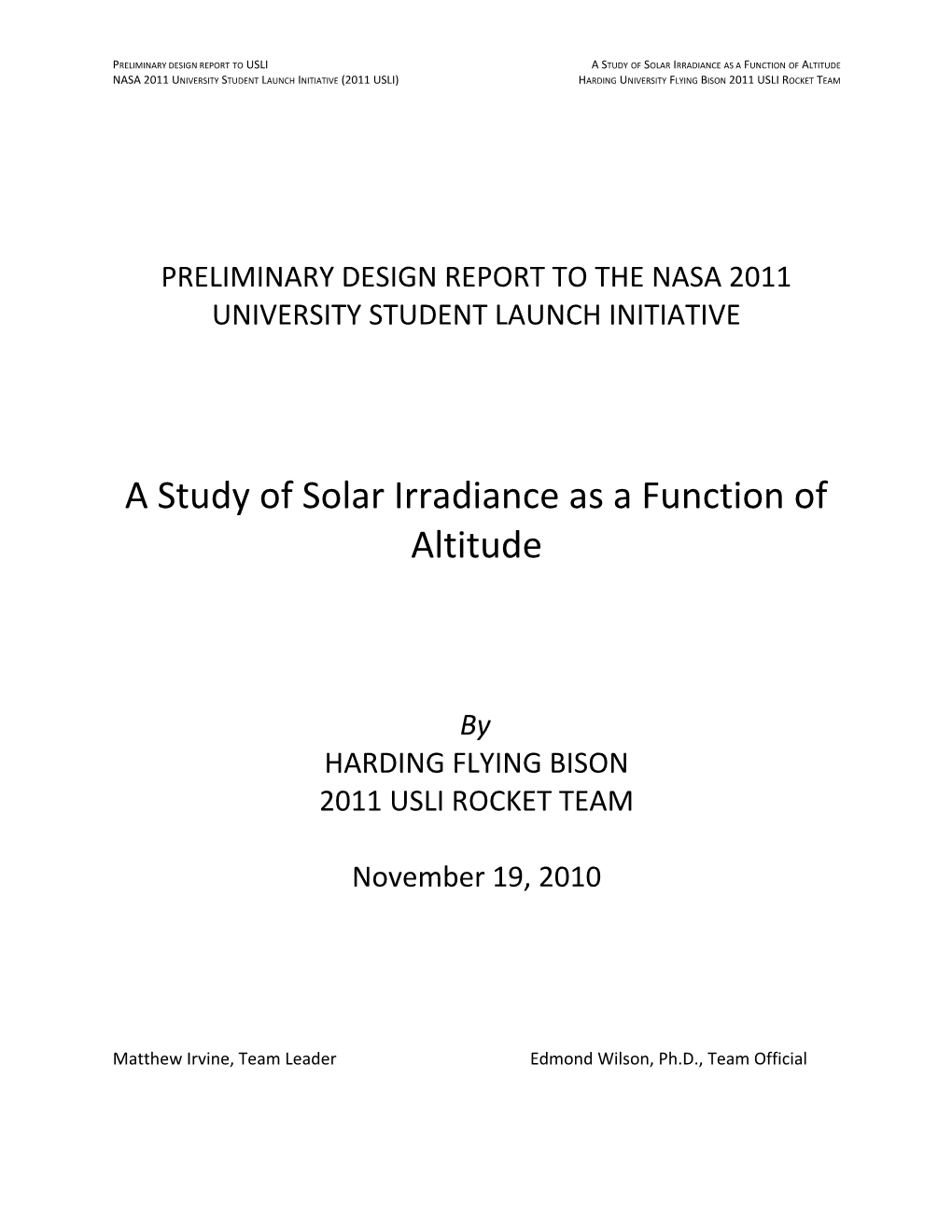 Preliminary Design Reportto Uslia Studyof Solar Irradianceas a Functionof Altitude