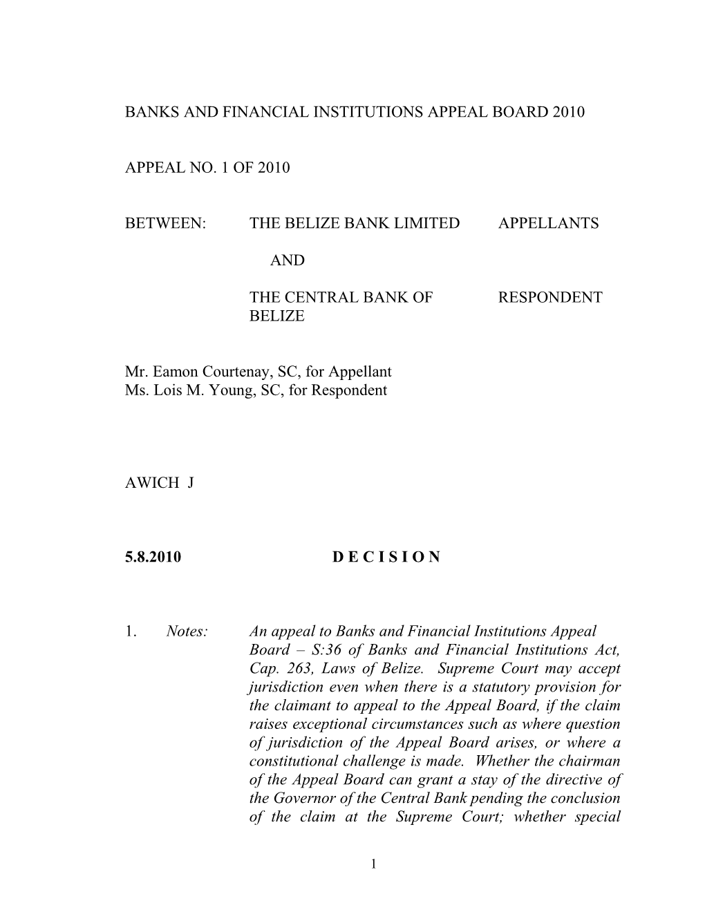 Banks and Financial Institutions Appeal Board 2010