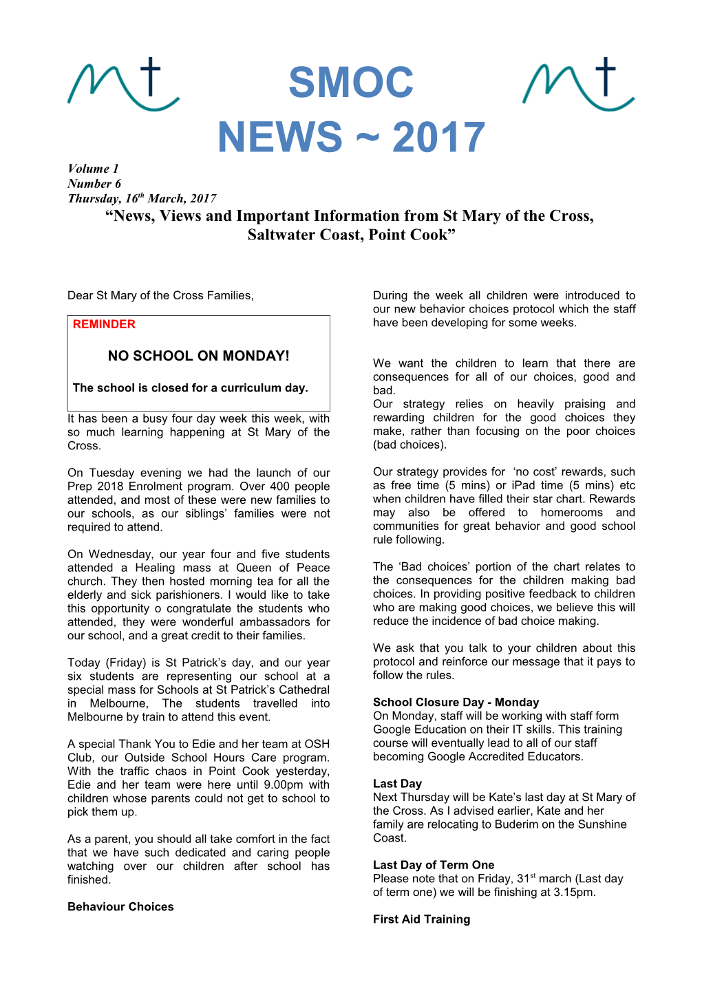 News, Views and Important Information from St Mary of the Cross