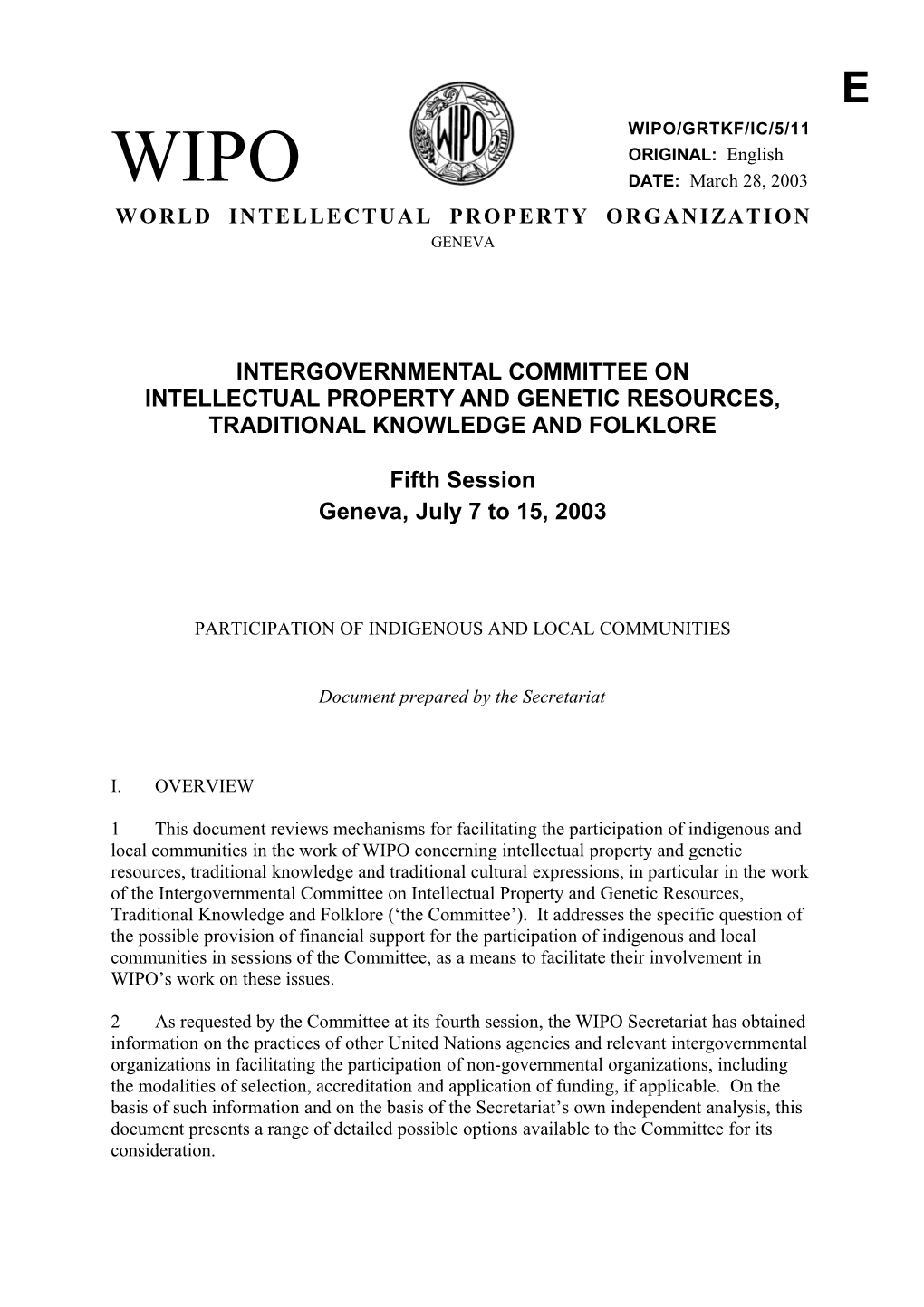 WIPO/GRTKF/IC/5/11: Participation of Indigenous and Local Communities