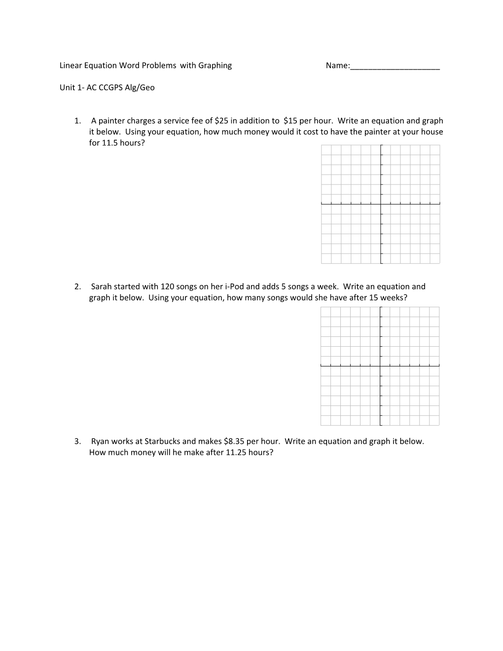 Linear Equation Word Problems with Graphingname:______
