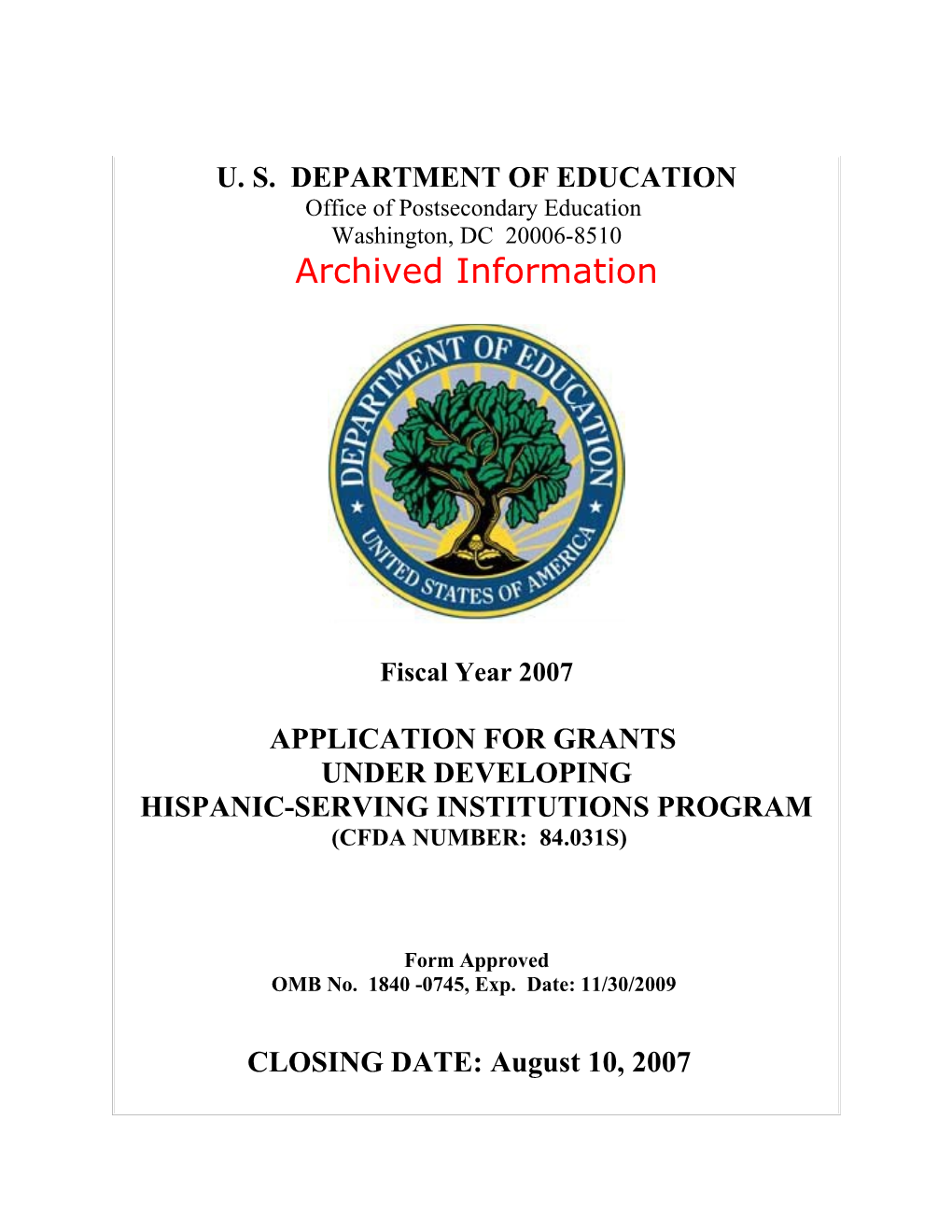 Archived: FY 2007 Grant Application Package for the Title V Strengthening Hispanic-Serving