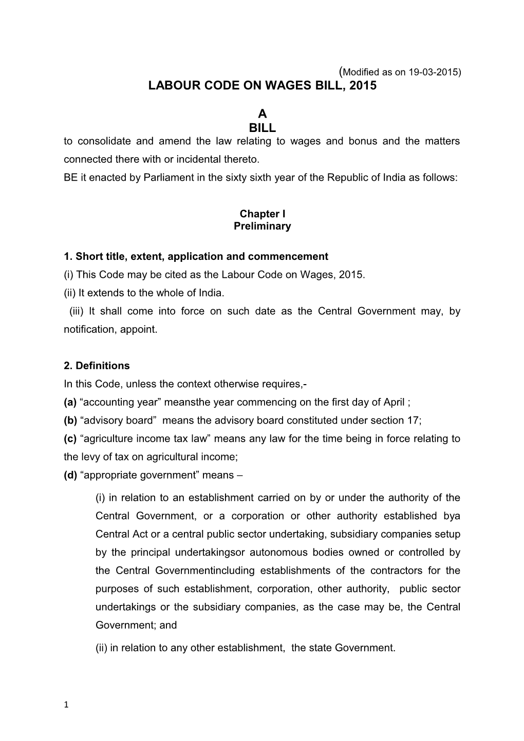 Labour Code on Wages Bill, 2015