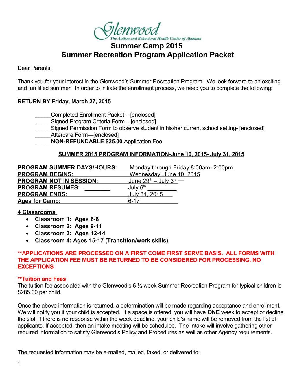 Summer Recreation Program Application Packet