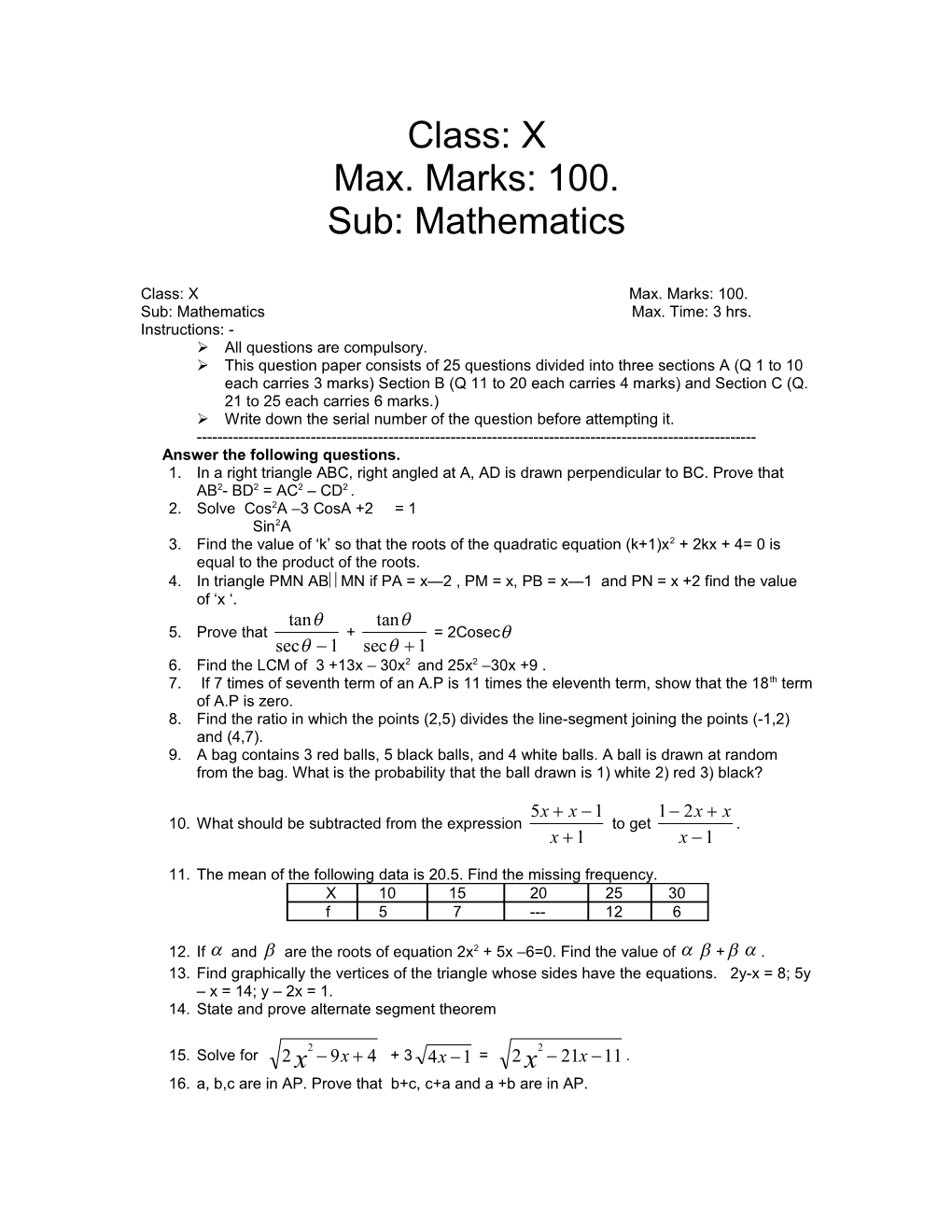 Sub: Mathematics Max. Time: 3 Hrs