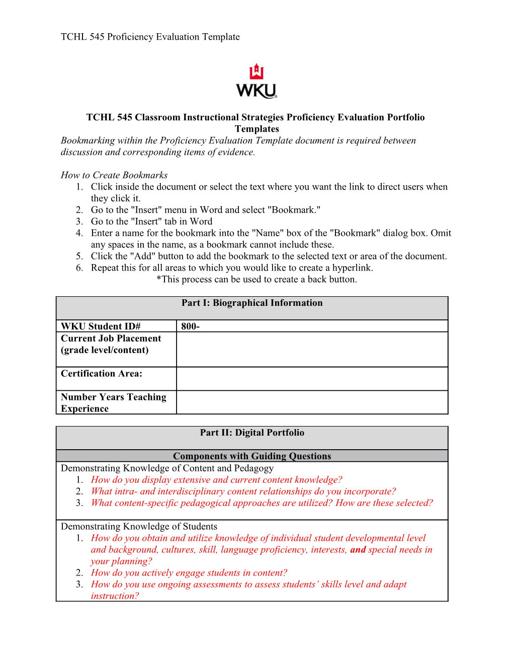 TCHL 545 Classroom Instructional Strategies Proficiency Evaluation Portfolio