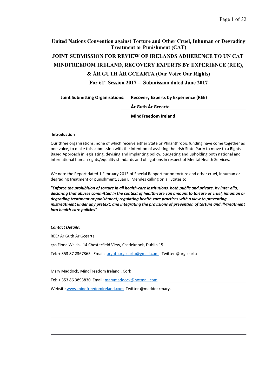 Joint Submission for Review of Irelands Adherence to Un Cat