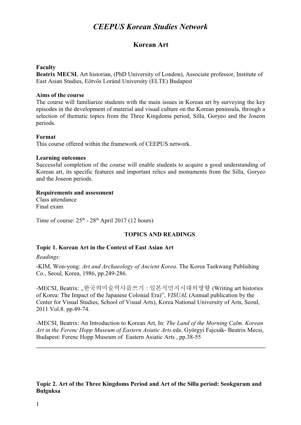 CEEPUS Korean Studies Network