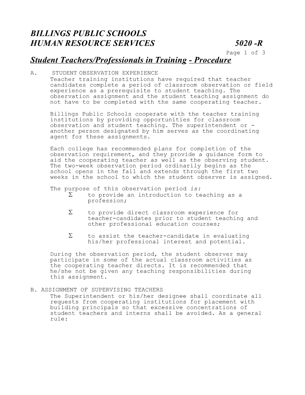 Student Teachers/Professionals Intraining- Procedure