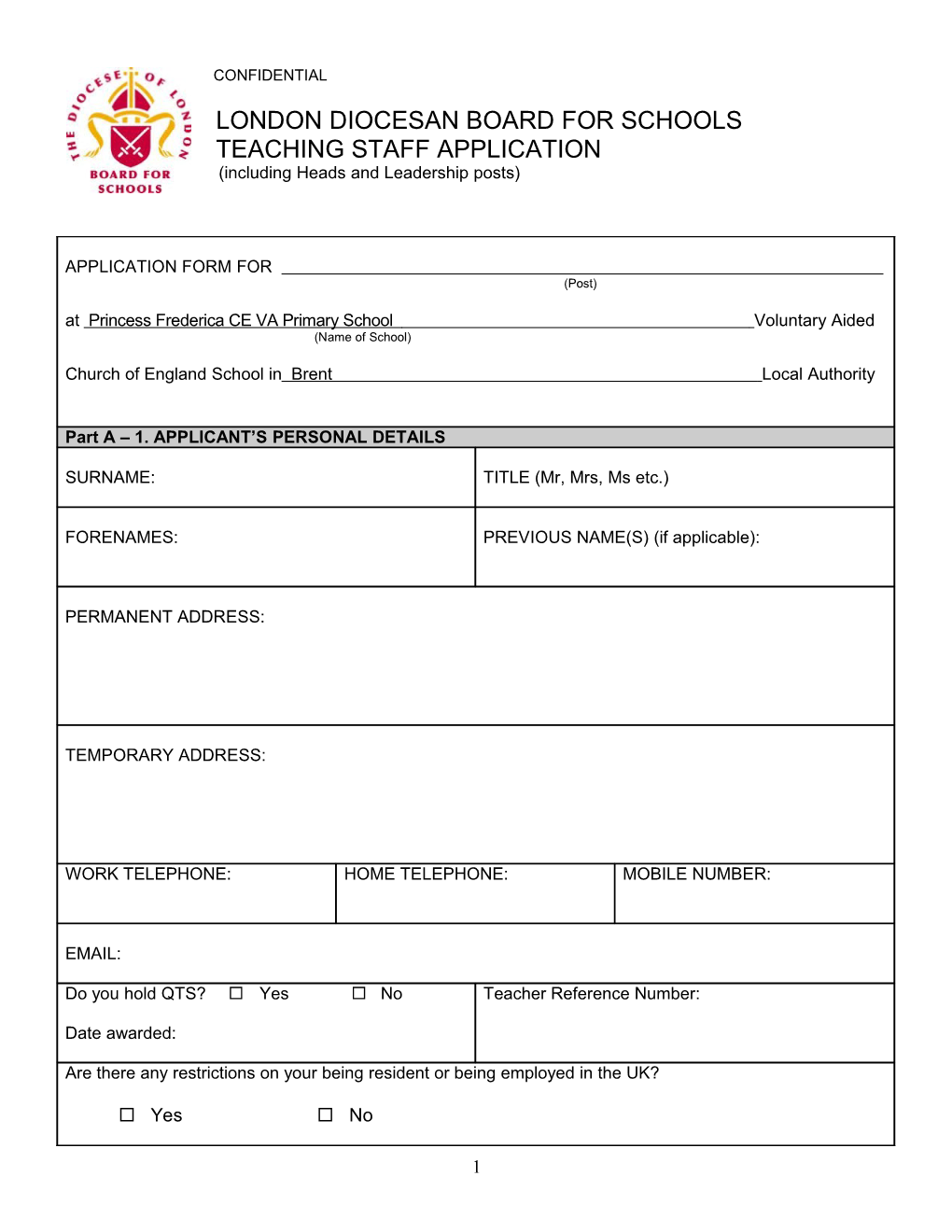 LDBS Teaching Staff Application Form - VA Schools