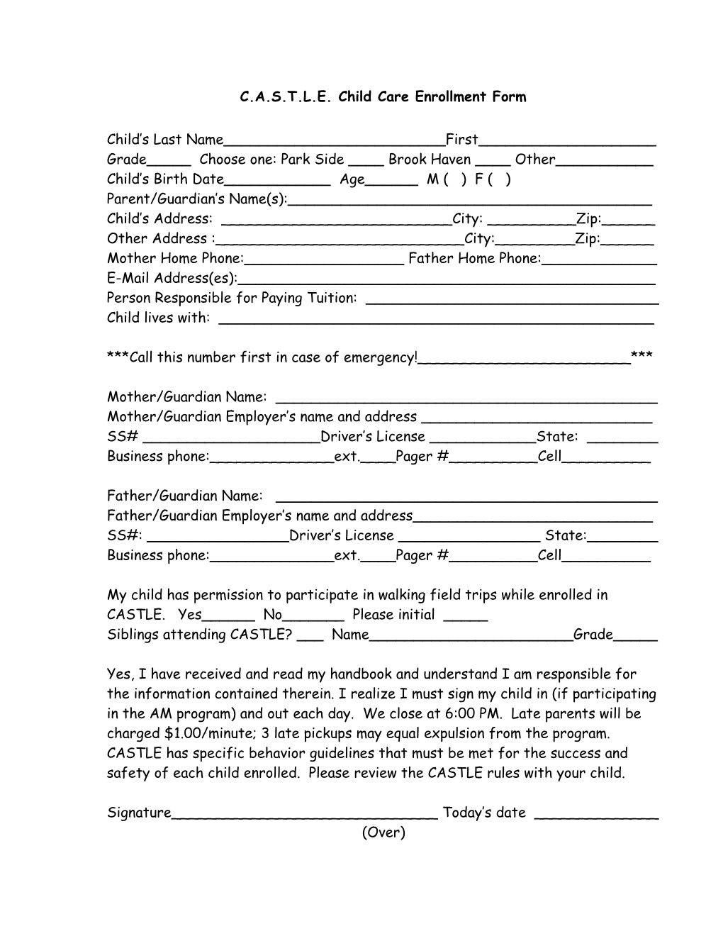 C.A.S.T.L.E. Child Care Enrollment Form