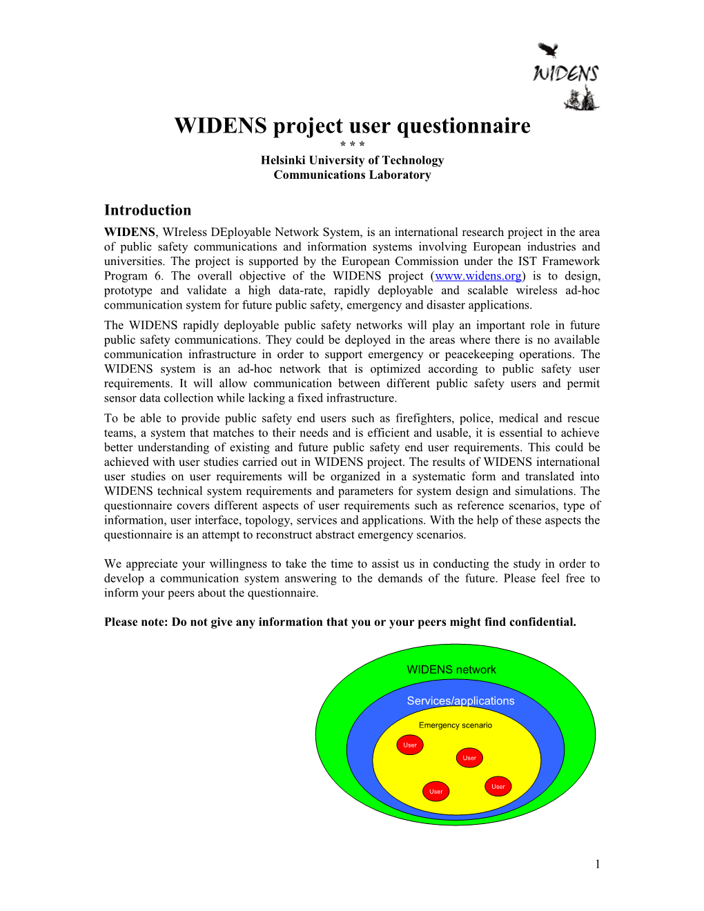 WIDENS Project User Questionnaire