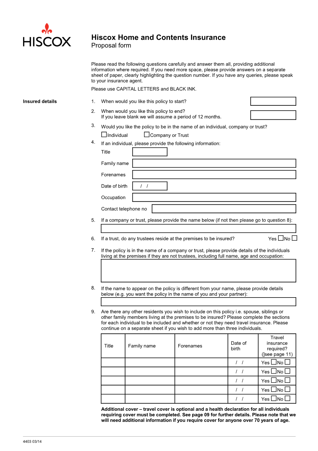 Hiscox Home and Content Insurance - Proposal Form