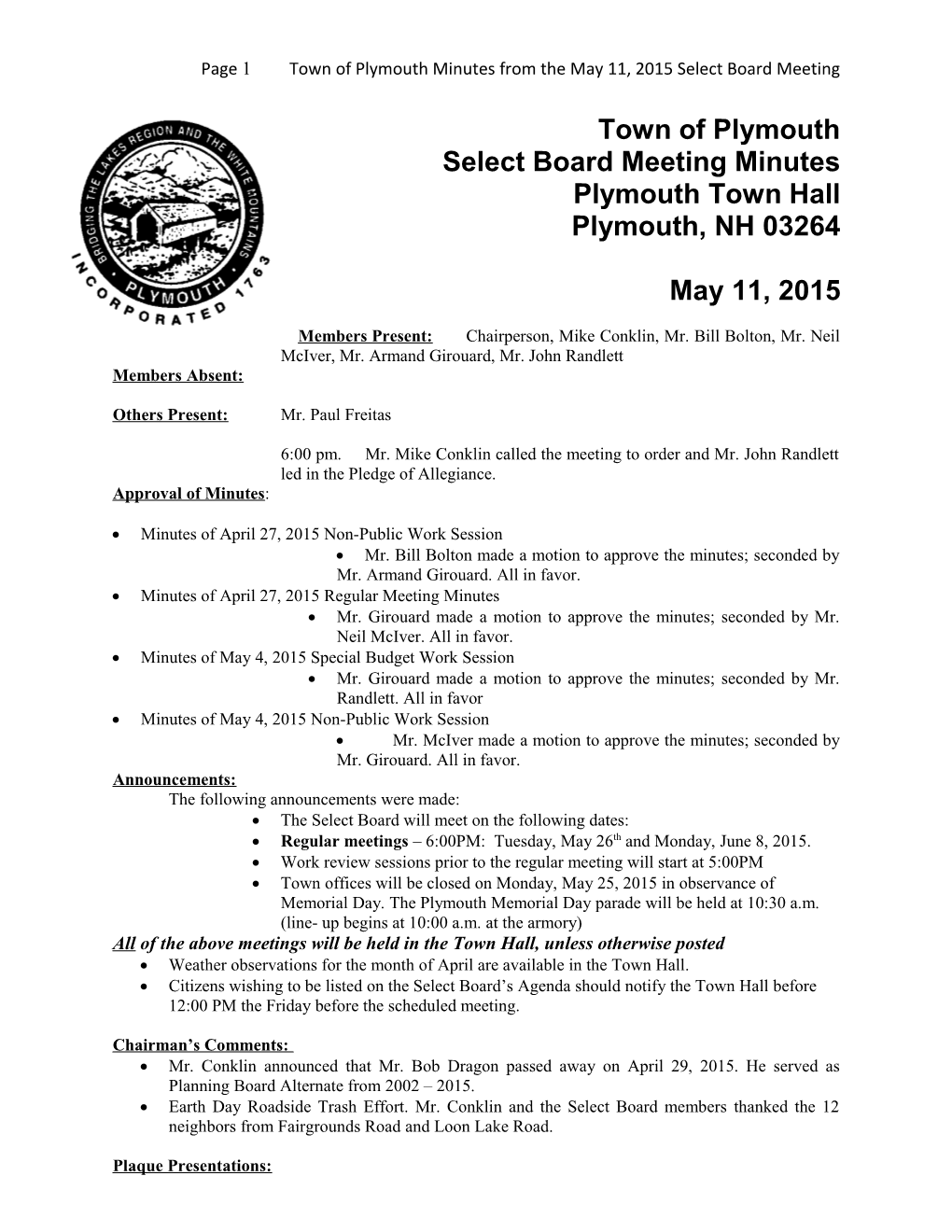 Page 1Town of Plymouth Minutes from Themay 11, 2015 Select Board Meeting