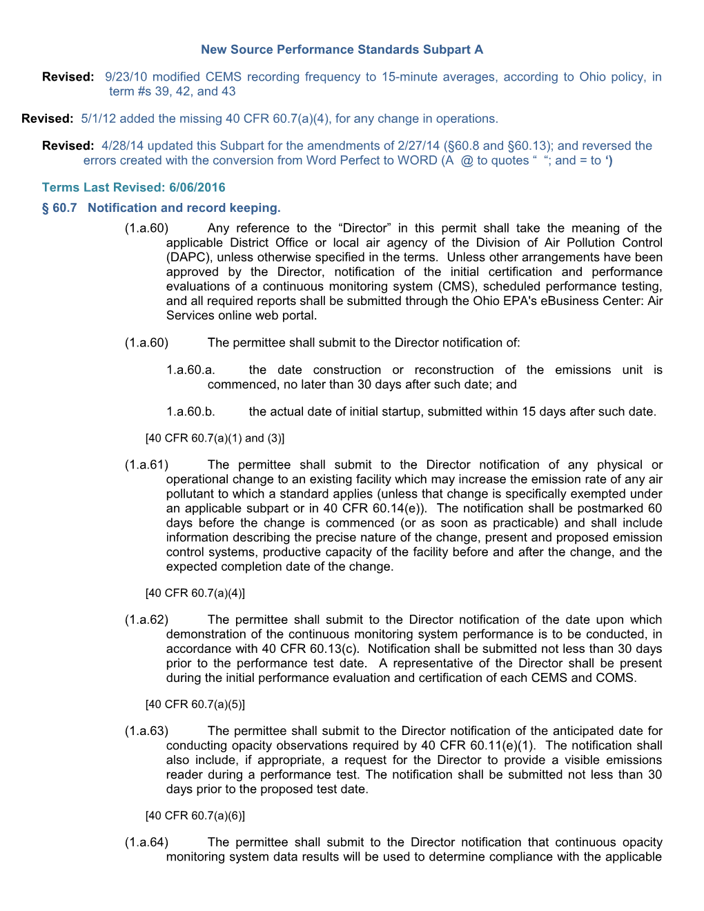 New Source Performance Standards Subpart A