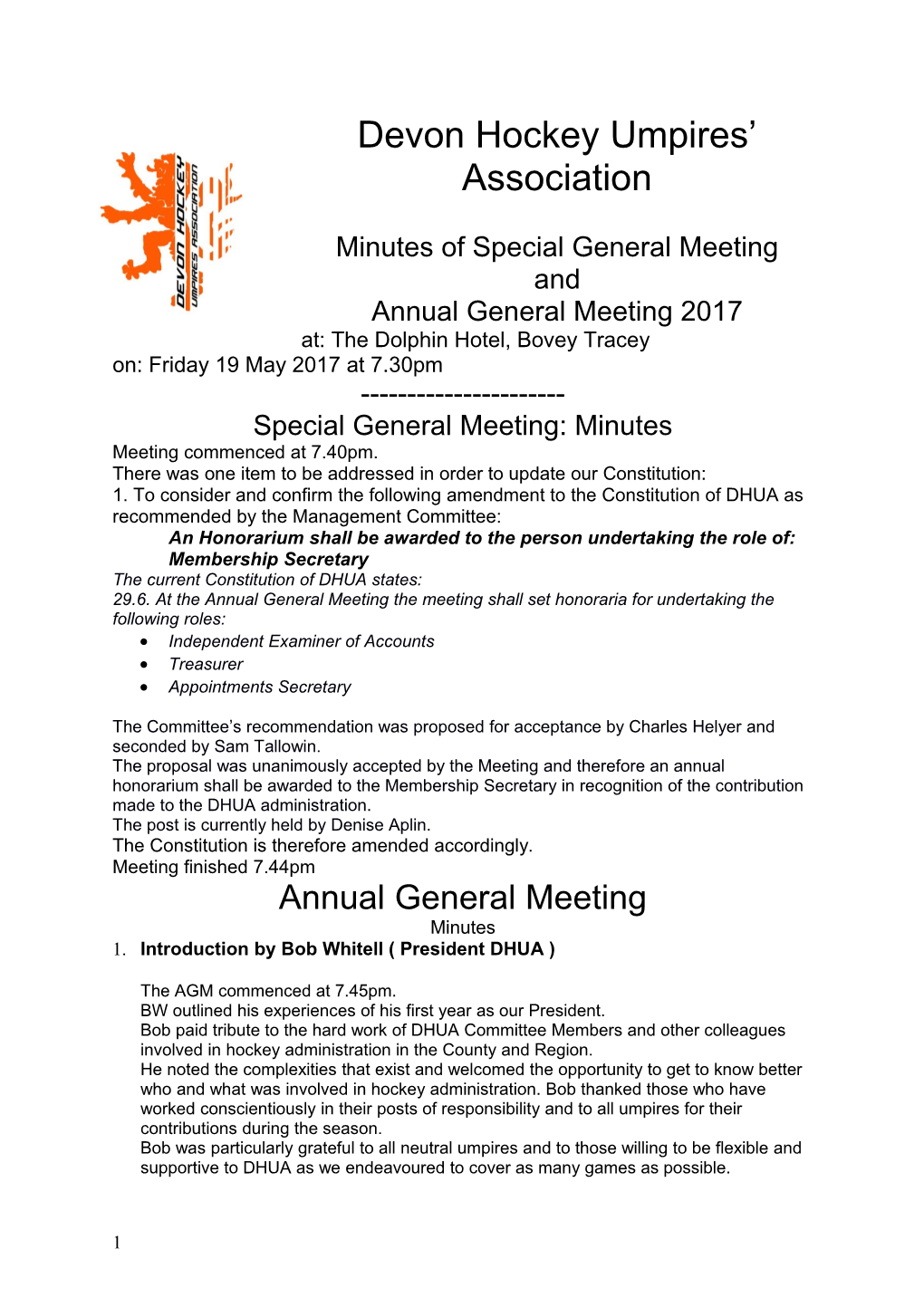 Minutes of Special General Meeting