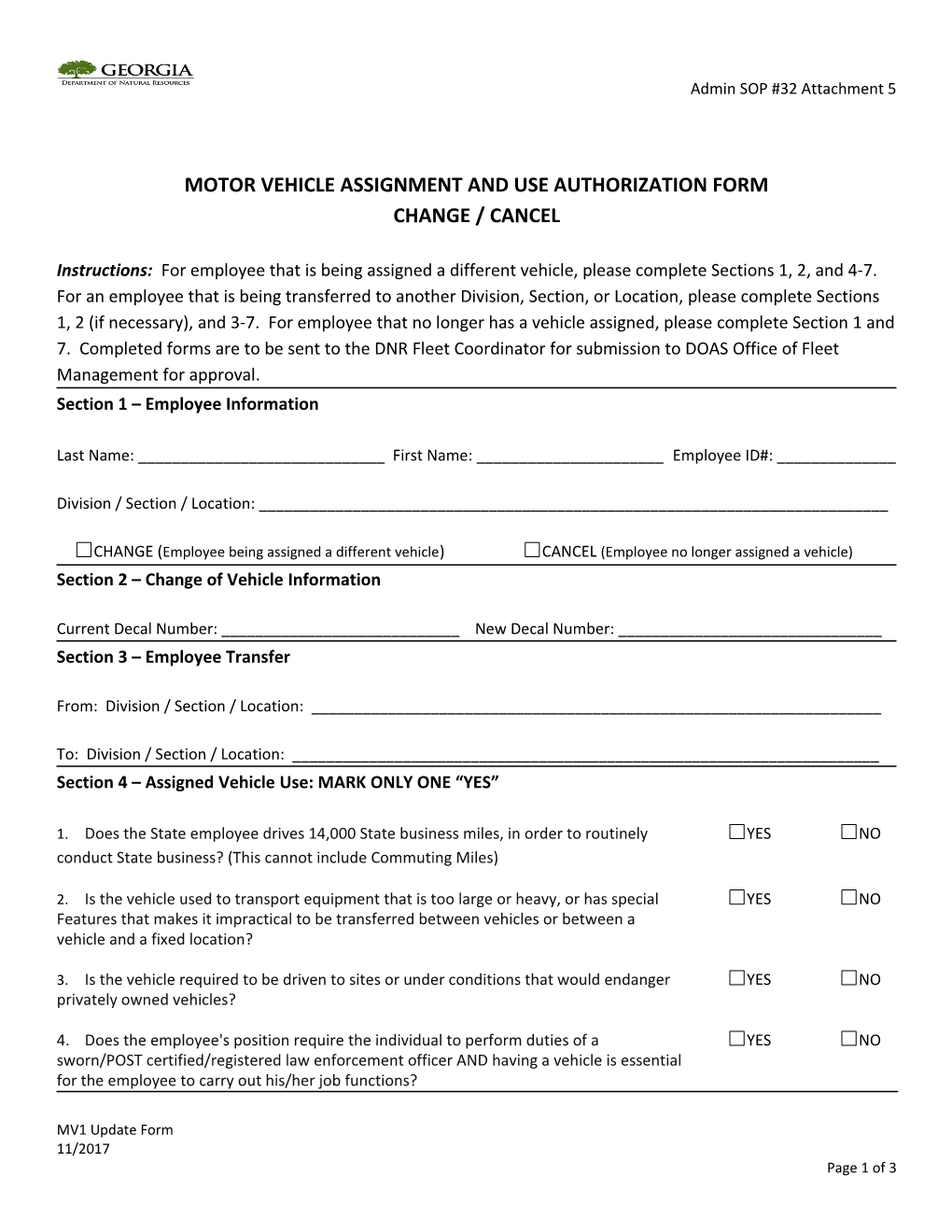 Motor Vehicle Assignment and Use Authorization Form