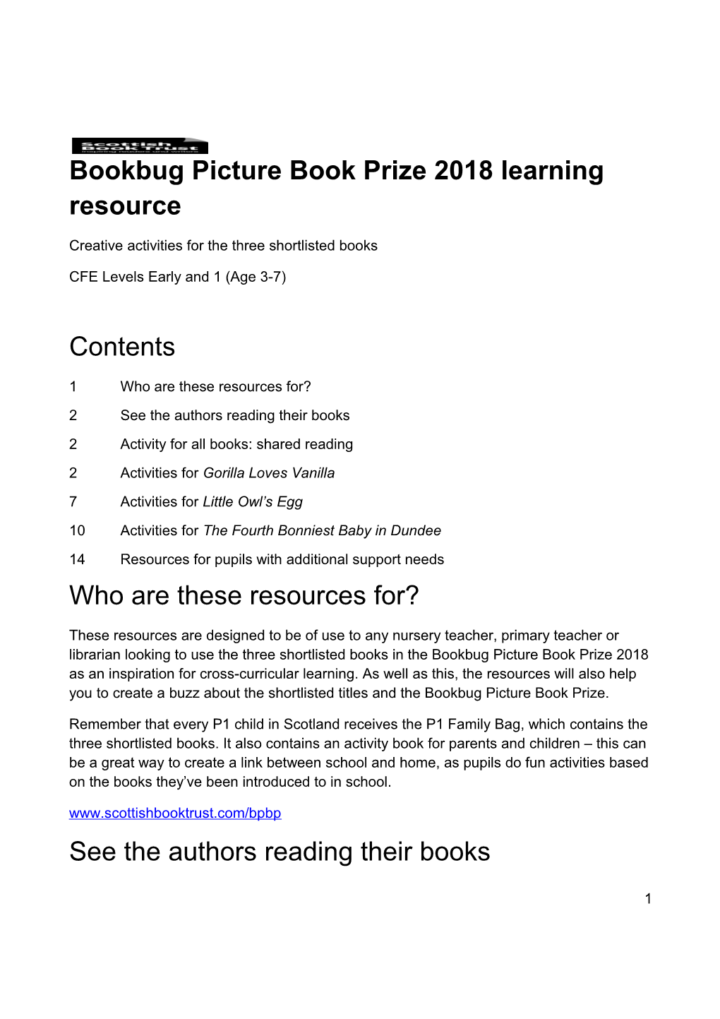 Bookbug Picture Book Prize 2018 Learning Resource