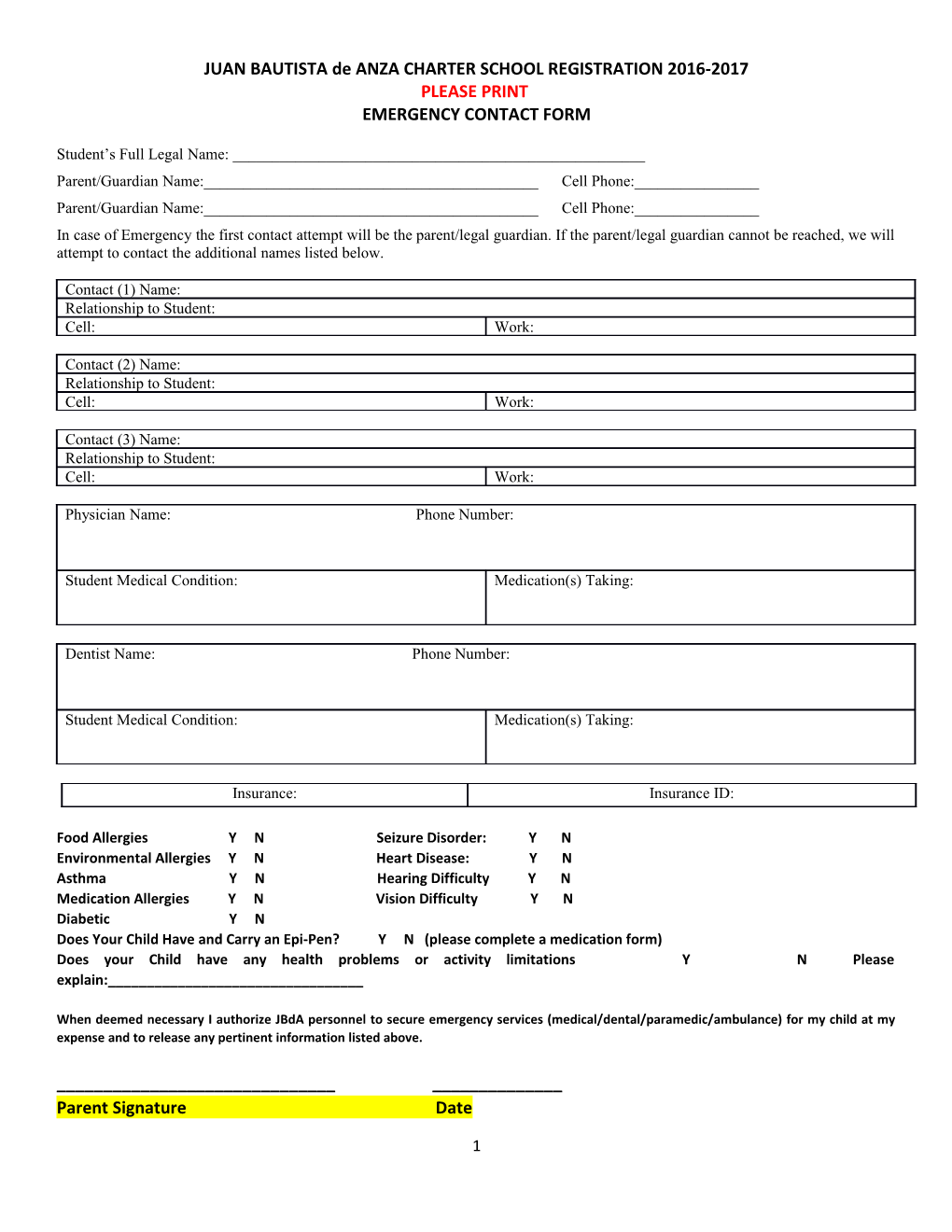 JUAN BAUTISTA De ANZA CHARTER SCHOOL REGISTRATION 2016-2017