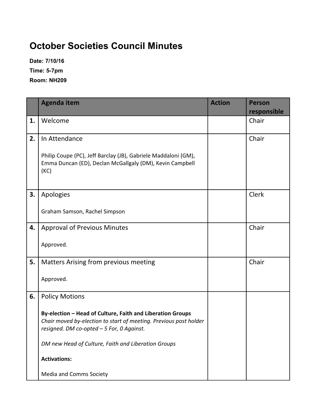 October Societies Council Minutes