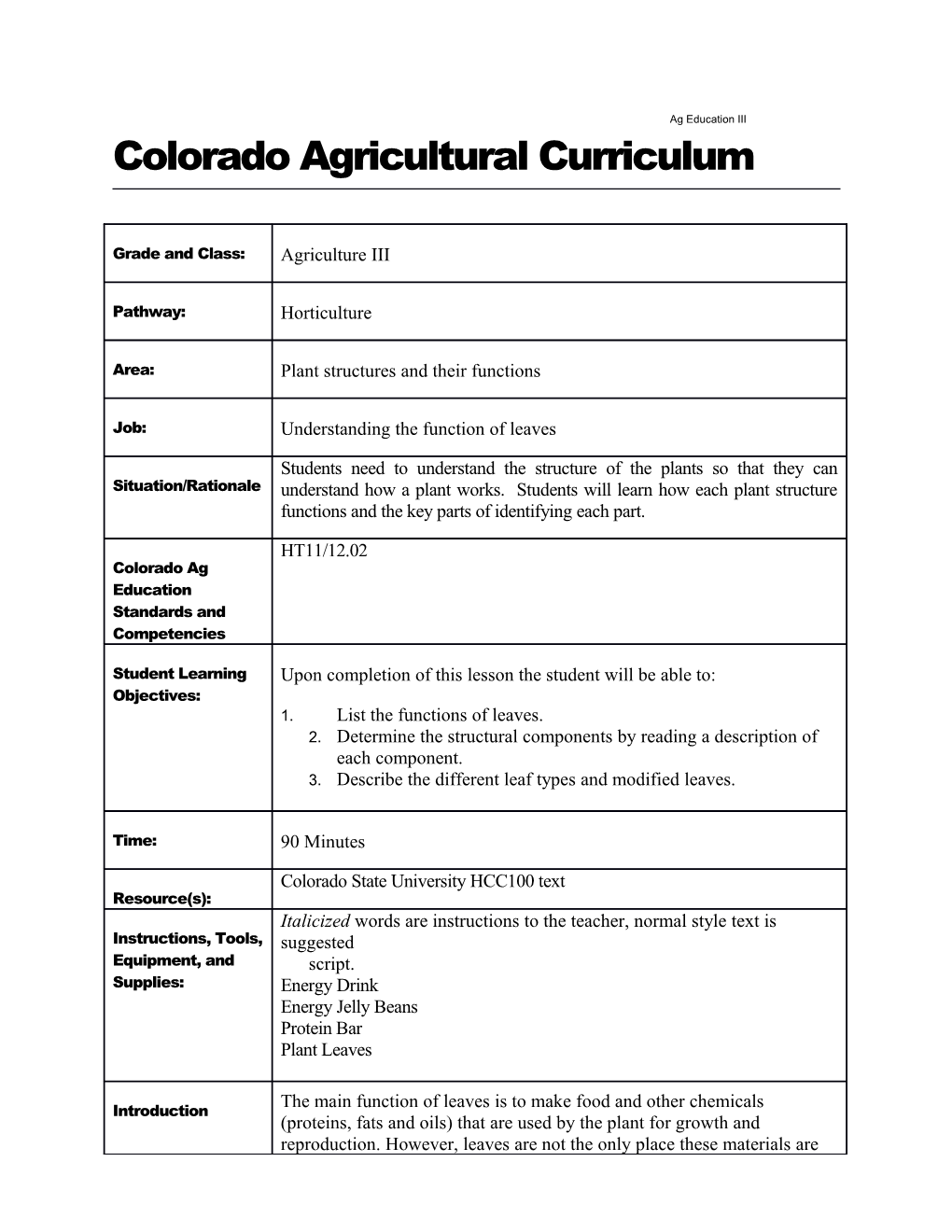 Coloradoagricultural Curriculum
