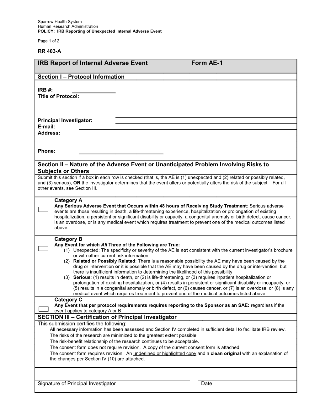 IRB Report of Unexpected Internal Adverse Event Form AE-1