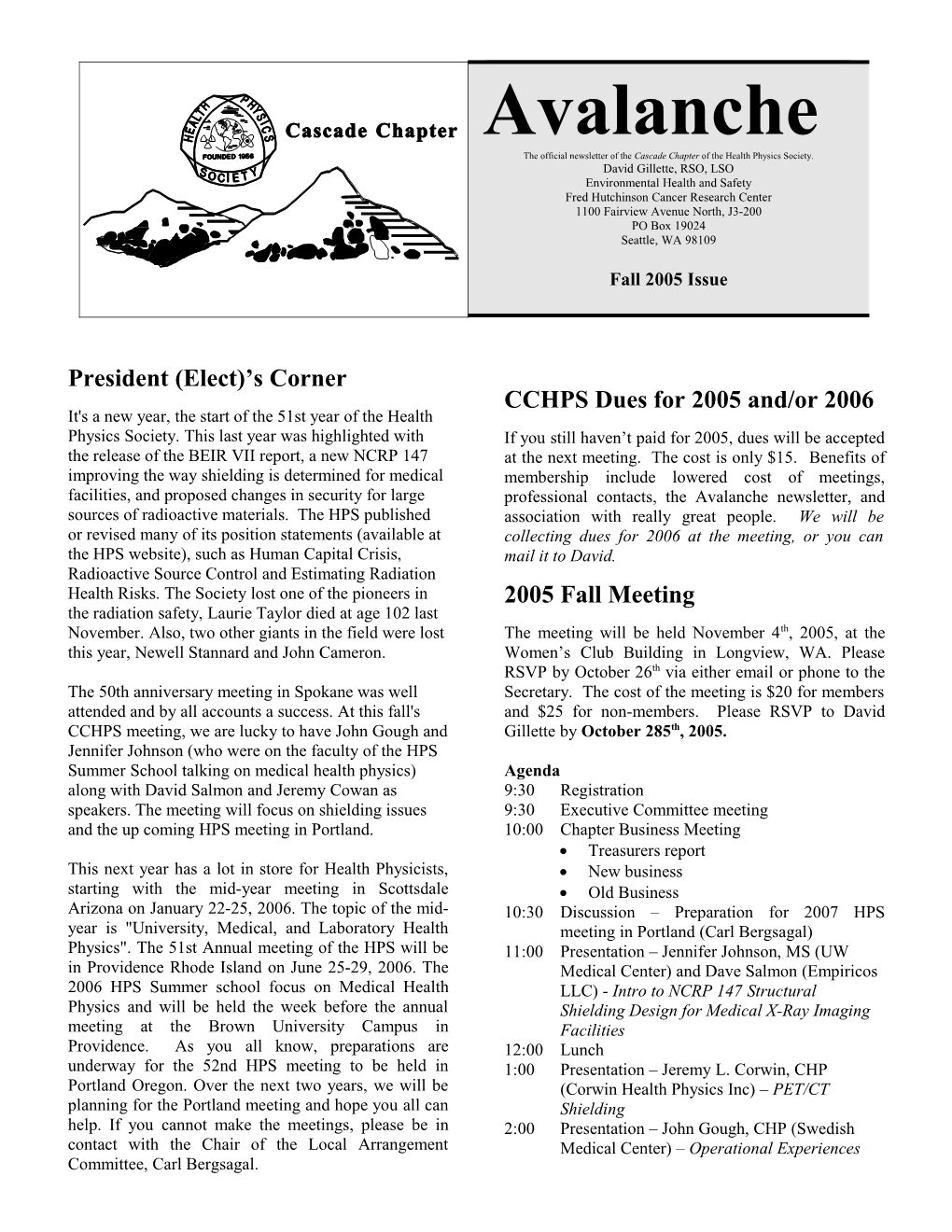 The Official Newsletter of the Cascade Chapter of the Health Physics Society