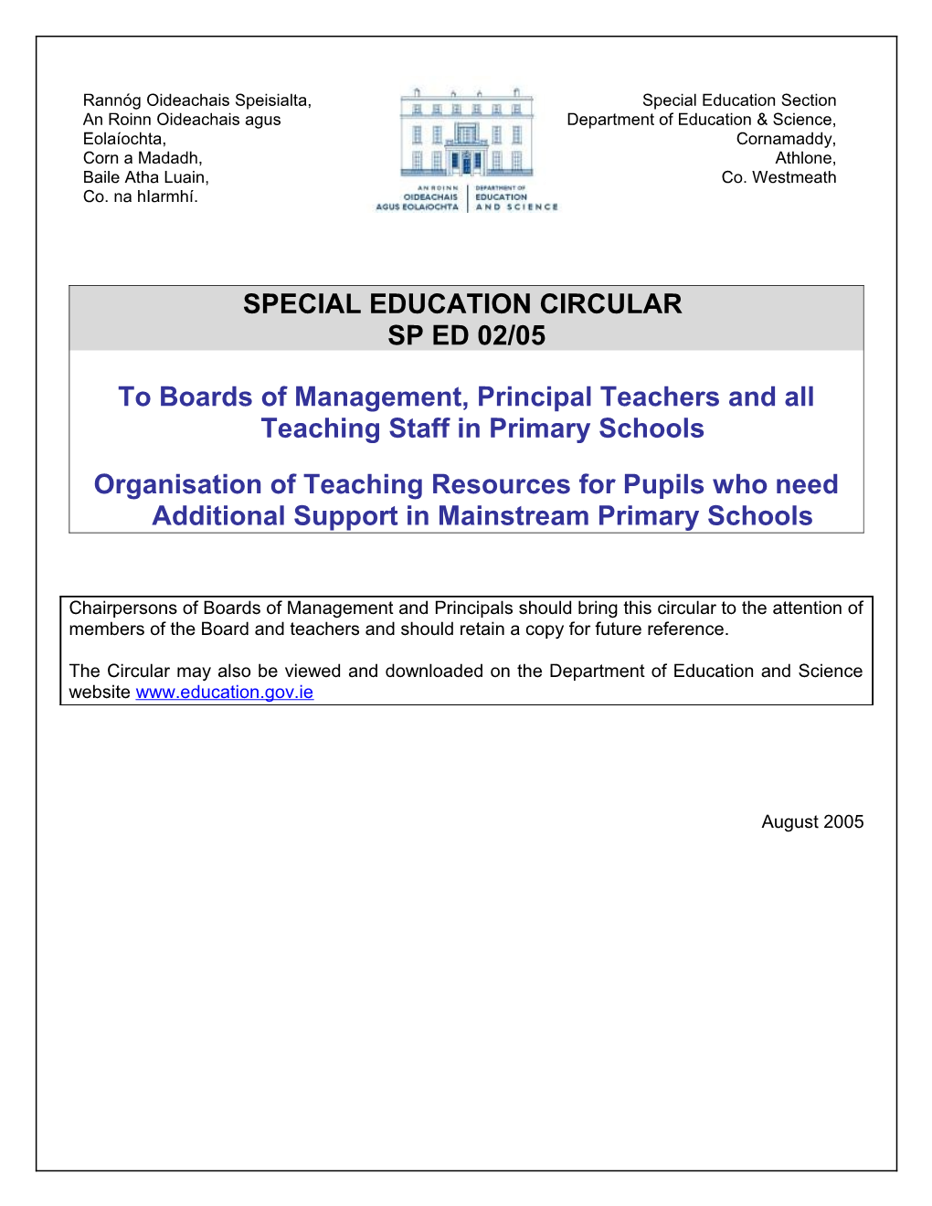 Circular SP ED 02/05 - Organisation of Teaching Resources for Pupils Who Need Additional