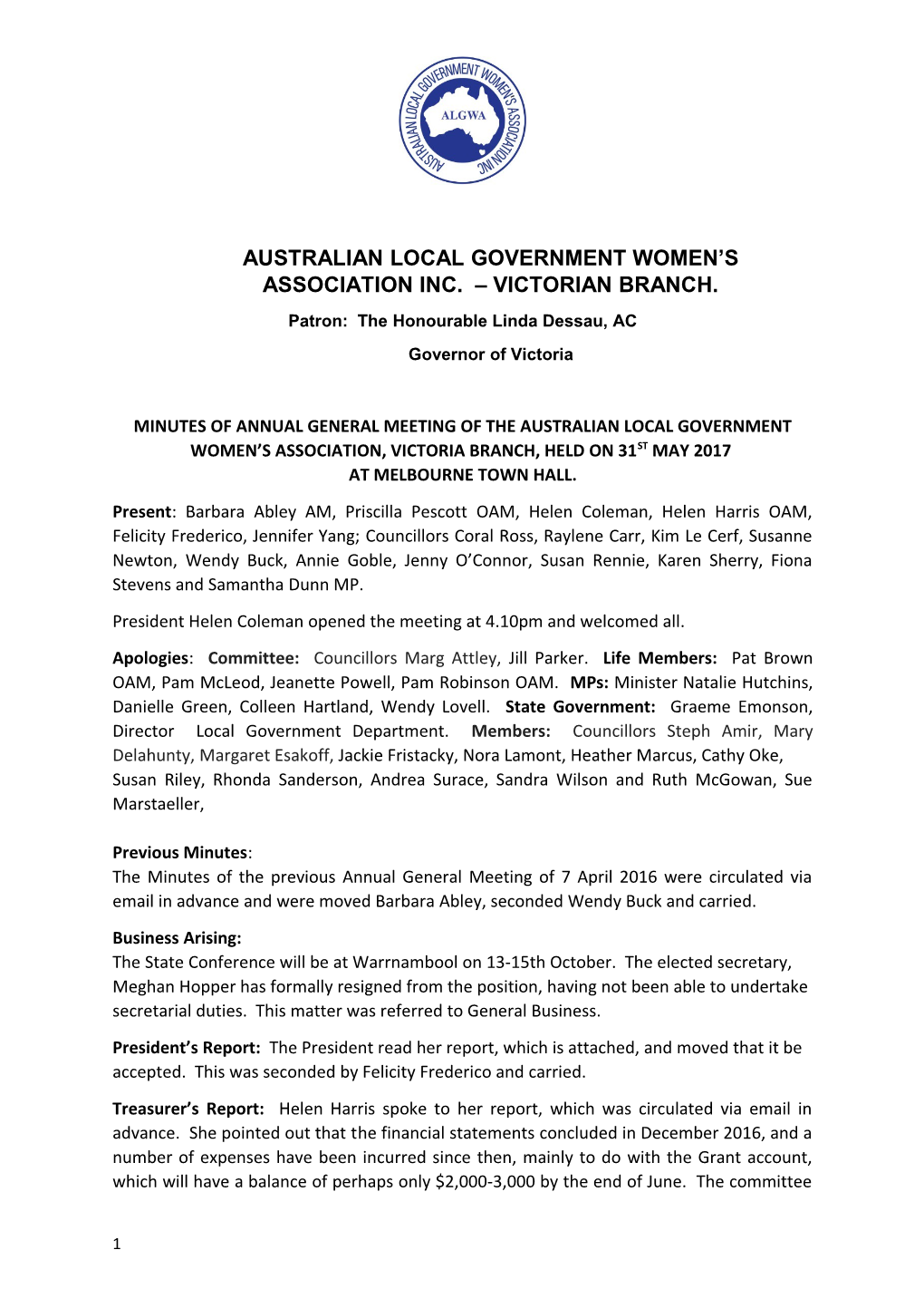 Australian Local Government Women S Association Inc. Victorian Branch