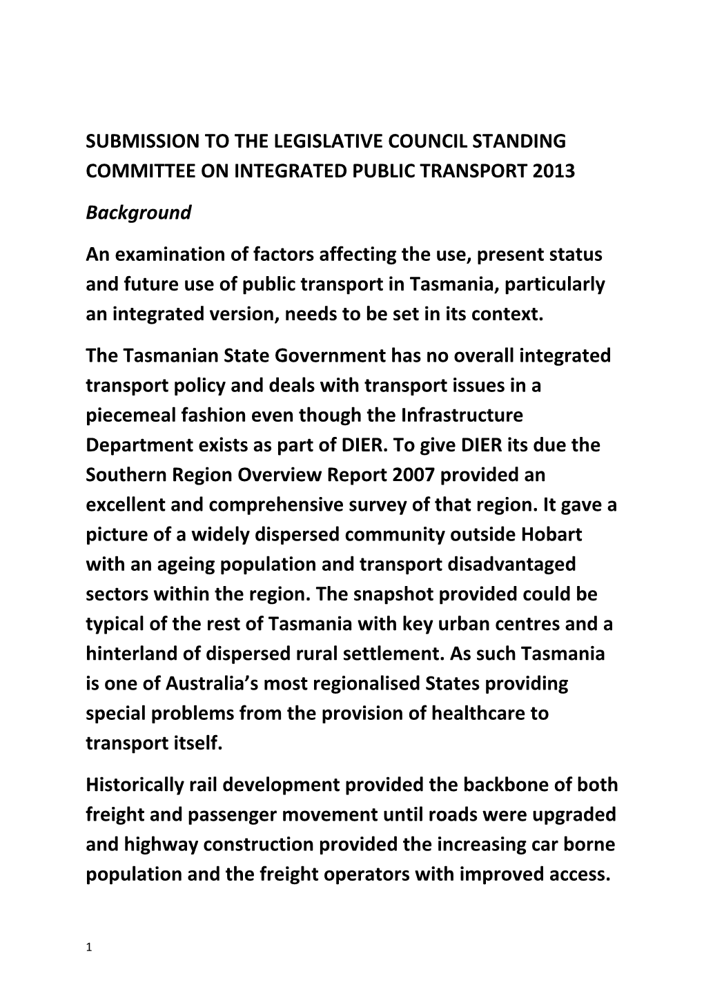 Submission to the Legislative Council Standing Committee on Integrated Public Transport 2013