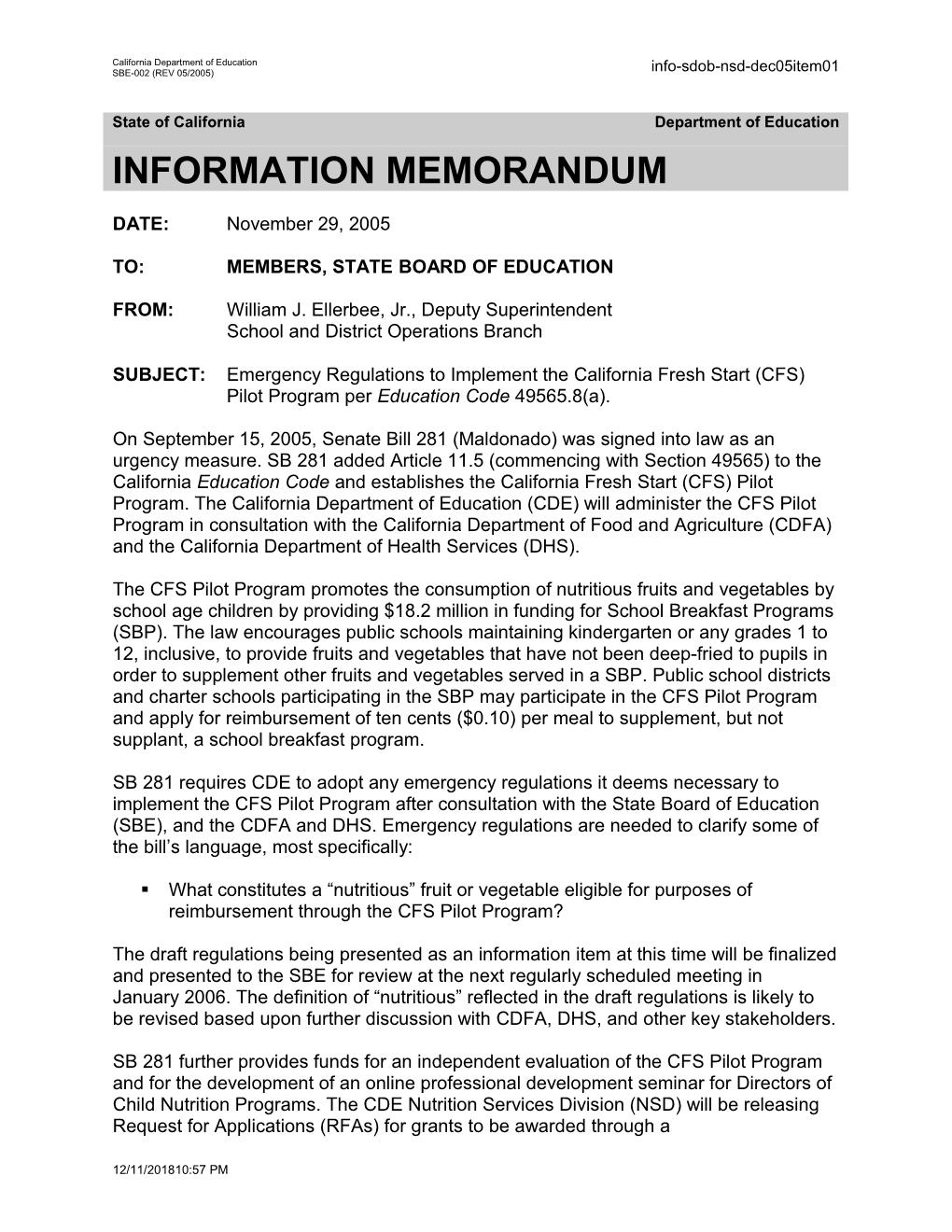December 2005 NSD Item 1 - Information Memorandum (CA State Board of Education)