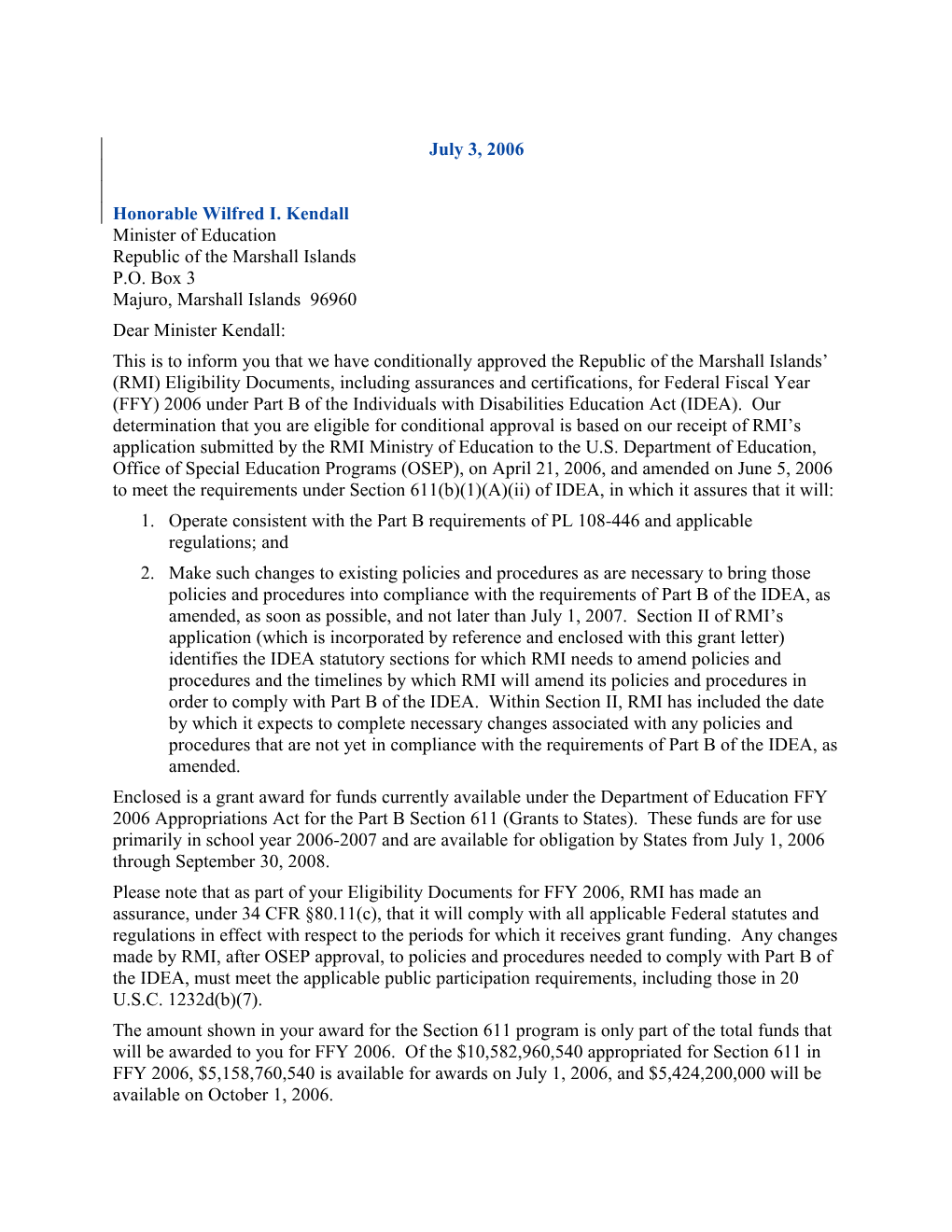 Republic of the Marshall Islands IDEA 2006 Part B Grant Award Letter (Msword)