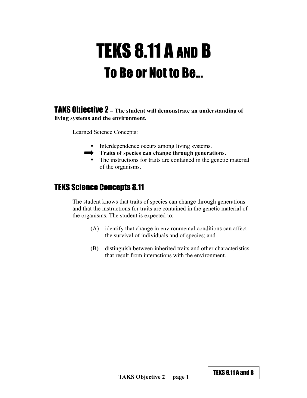 TAKS Objective 2 the Student Will Demonstrate an Understanding of Living Systems and The