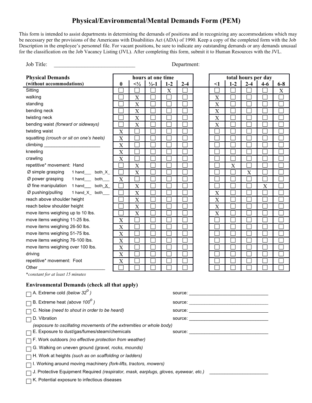 Physical/Environmental/Mental Demands Form (PEM)