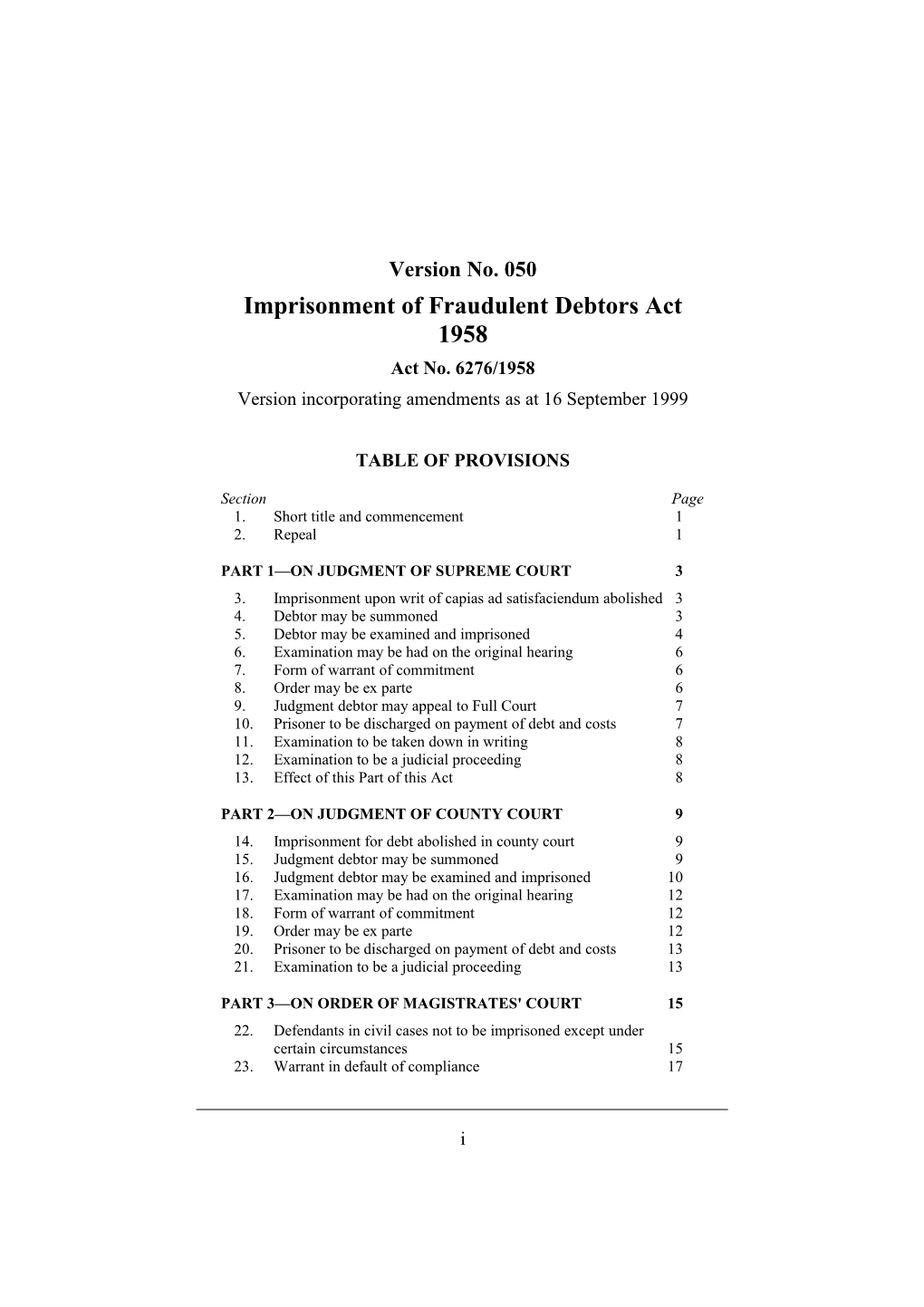 Imprisonment of Fraudulent Debtors Act 1958