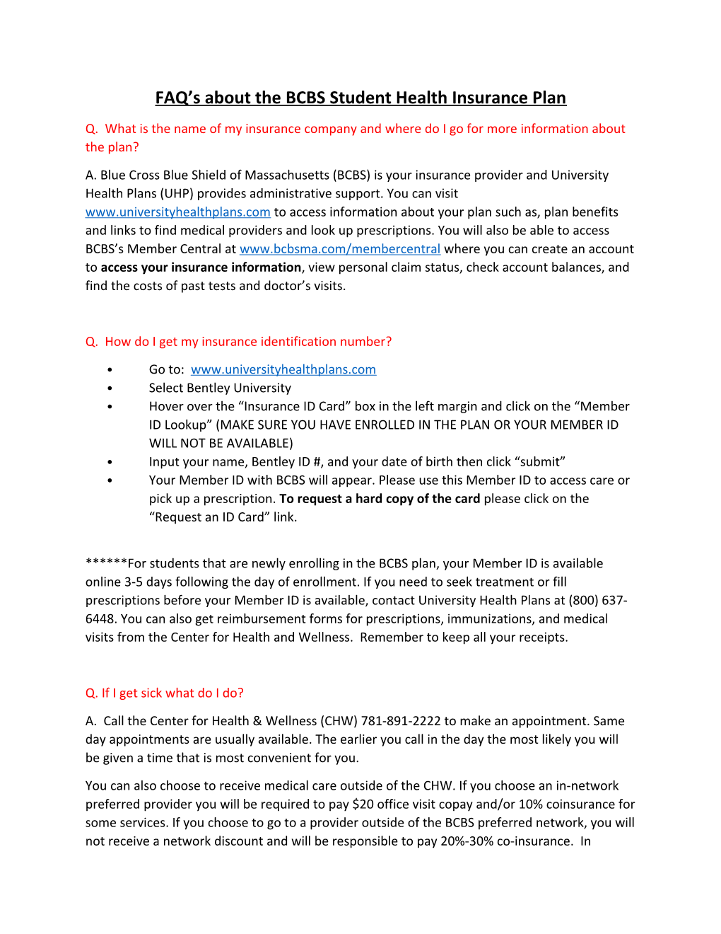 FAQ S About the BCBS Student Health Insurance Plan