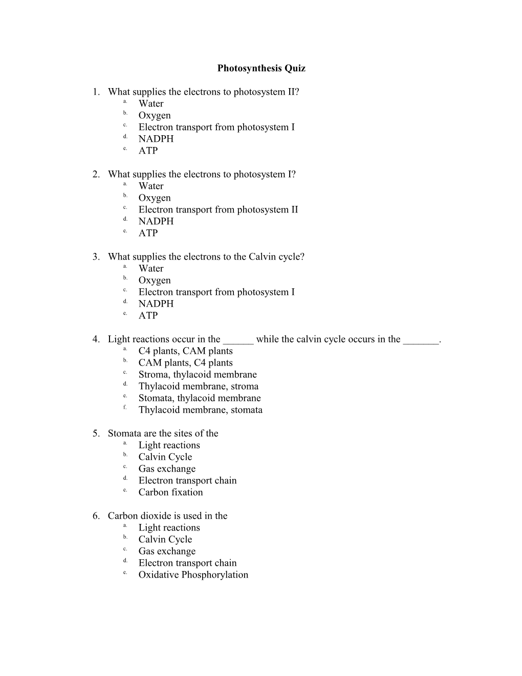 Photosynthesis Quiz