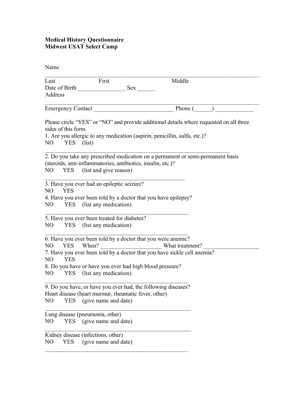 Sample Medical History Questionnaire