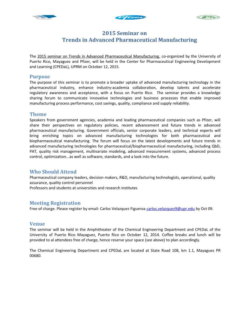 2015 Seminar on Trends in Advanced Pharmaceutical Manufacturing