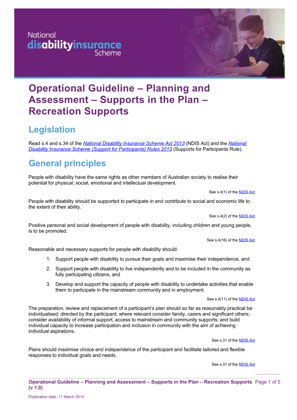 Operational Guideline Planning and Assessment Supports in the Plan Recreation Supports