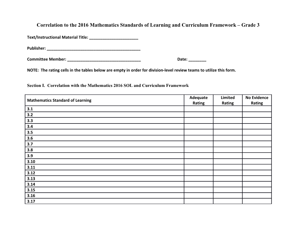 Grade 3 Textbook Correlation Form