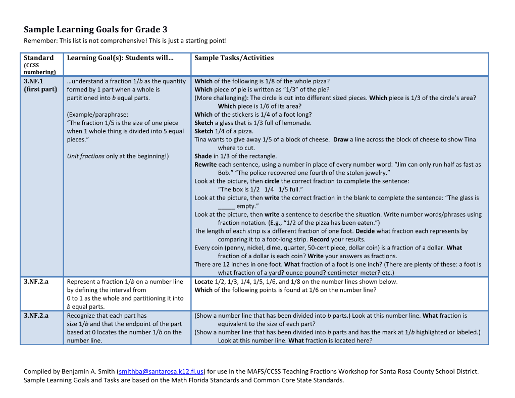 Sample Learning Goals for Grade 3