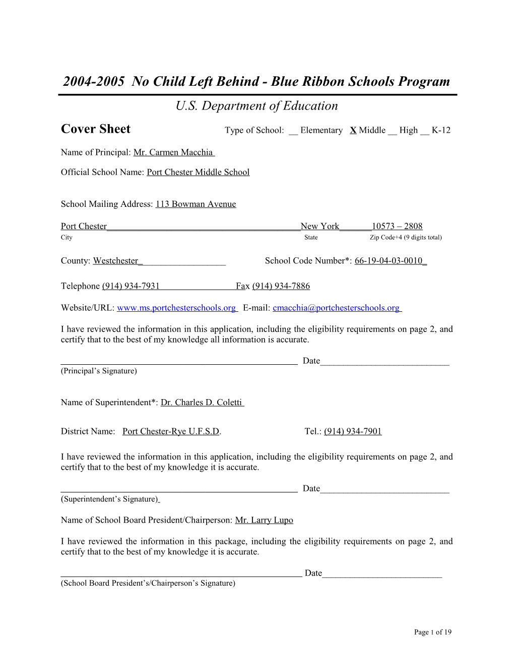 Port Chester Middle School Application: 2004-2005, No Child Left Behind - Blue Ribbon Schools