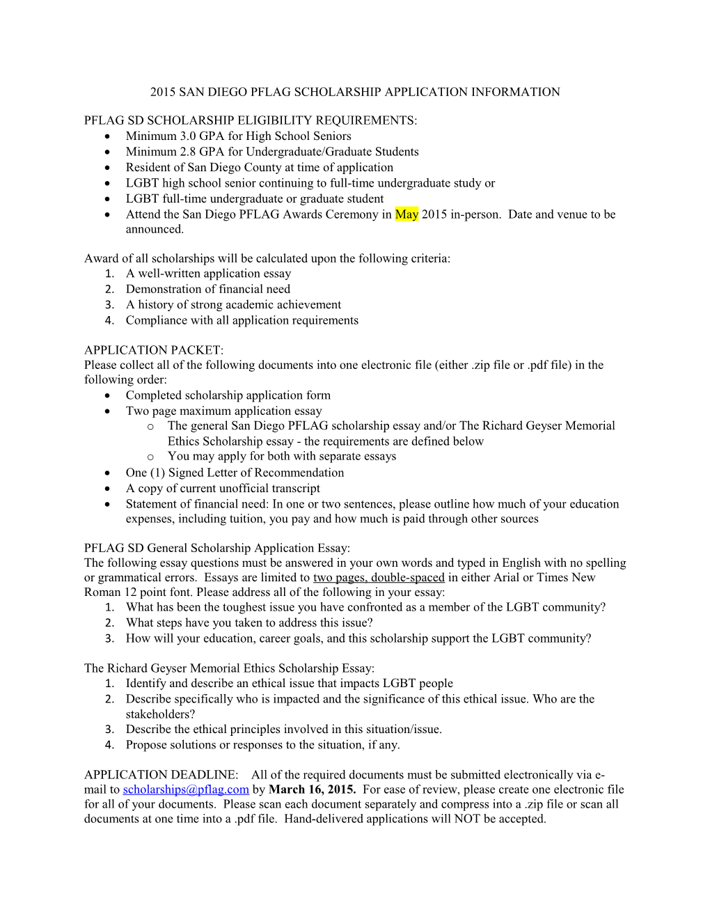 2015 San Diego Pflag Scholarship Application Information