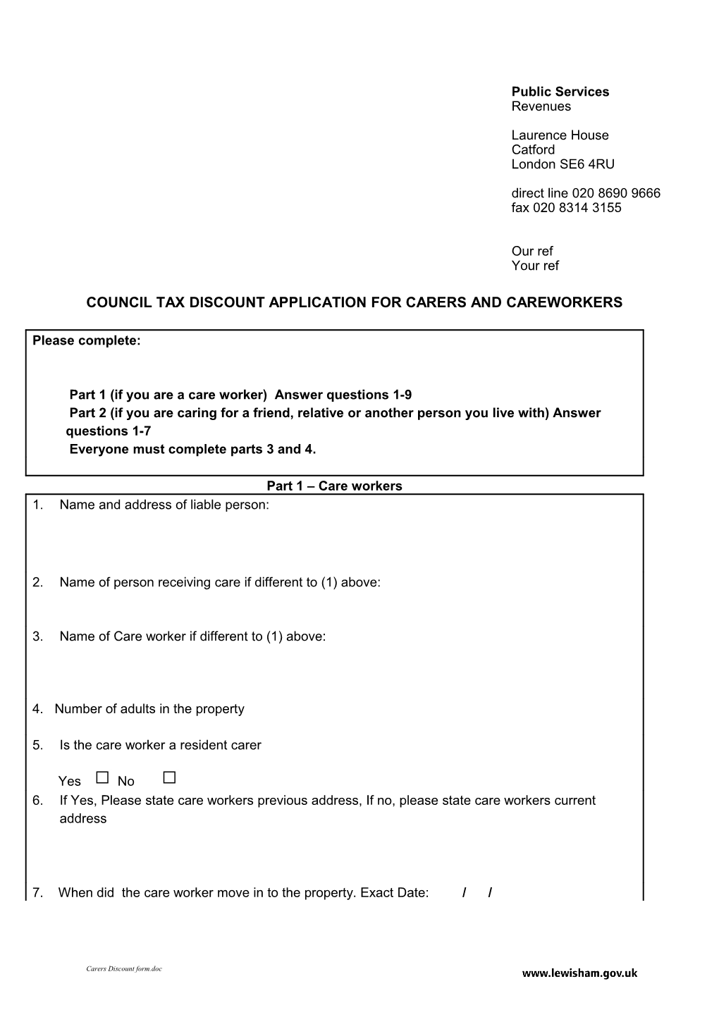 Council Tax Discount Application for Carers and Care Workers